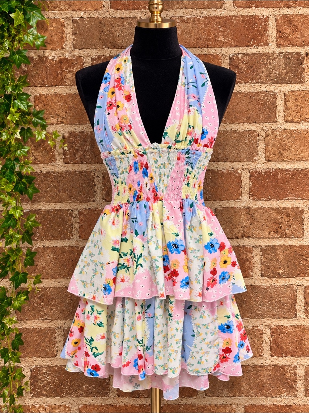 SHEIN Pink Multi Floral Halter Tiered Dress